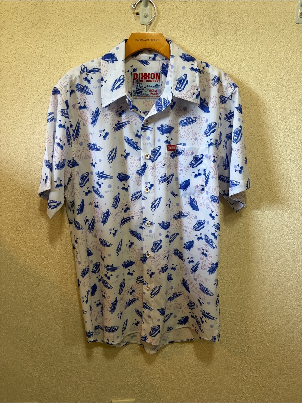Dixxon Shirt Adult Small White Blue Motor Boatin Short Sleeve Button Up Mens